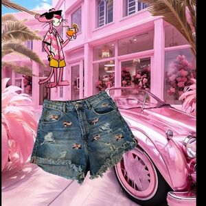 Zara High waisted Embroidered Distresed Denim Shorts - Blue Deadstock